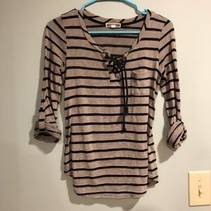 3/$25 Pleione tan and black striped tie up sweater